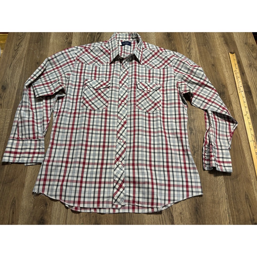 VTG Wrangler Western Shirt Mens XL Red Plaid Pearl Snap Long Sleeve Cotton Blend
